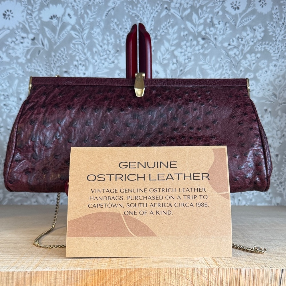 Genuine Ostrich Leather Burgundy Clutch with Gold Chain - Picture 4 of 6
